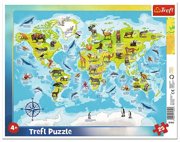 Puzzle ramkowe 25 Mapa świata ze zwierzętami Trefl 31340 