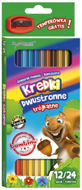 Kredki dwustr. 12/24kol. trójkątne 18cm + temperówka MAJEWSKI
