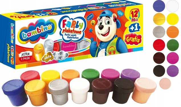 Bambino farby plakatowe 12 kolorów 20ml MAJEWSKI