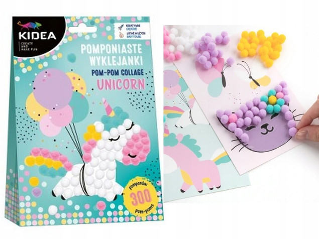 KIDEA POMPONIASTE WYKLEJANKI UNICORN JEDNOROŻEC, zestaw kreatywny