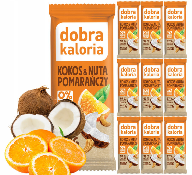 10x DOBRA KALORIA Zdrowy Baton Kokos Pomarańcza Bez Cukru Orzechy VEGE