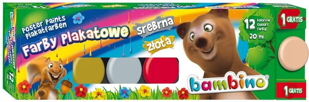 Farby Plakatowe Szkolne 12 Kolorów Złota i Srebrna +1 Cielista 20ml Bambino