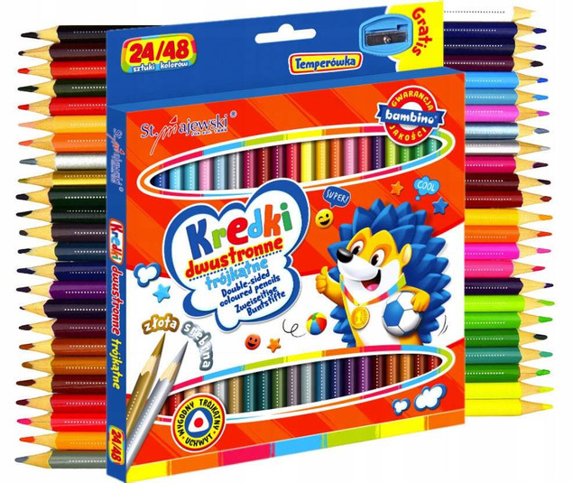 Kredki dwustr. 24/48kol. trójkątne 18cm + temperówka MAJEWSKI