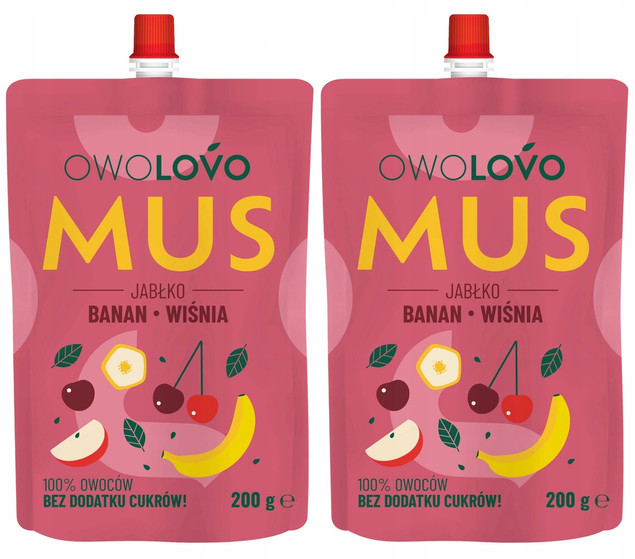 2x OwoLovo Mus JABŁKO BANAN WIŚNIA Dla Dzieci Bez Cukrów 200g