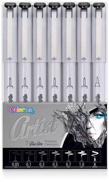 Cienkopisy czarne Fineliners do szkicowania 7 końcówek Artist Colorino