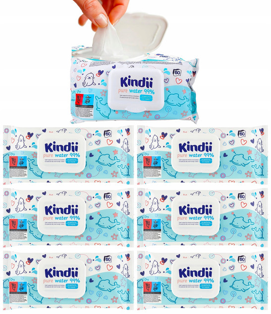 KINDII Chusteczki NAWILŻANE Pure Water WODNE Bez Perfum z Klapką 60 szt. x7