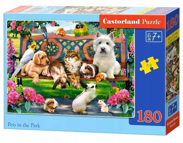 PUZZLE 180 PIES KOTKI ZWIERZĘTA PARK KWIATY