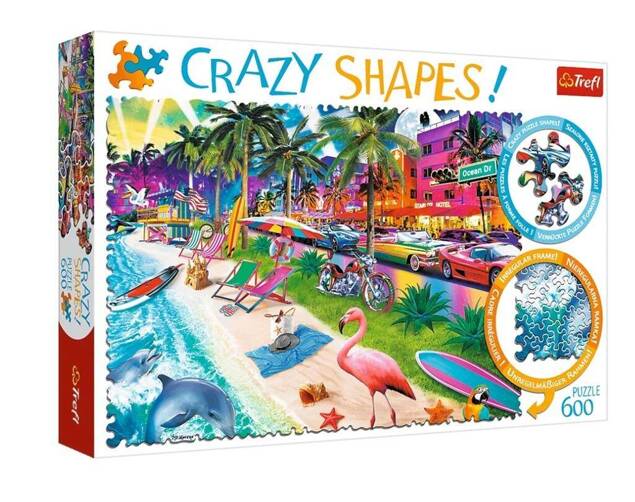 PUZZLE 600 CRAZY SHAPES FLAMING PLAŻA DELFIN ZWIERZĘTA WODA TREFL